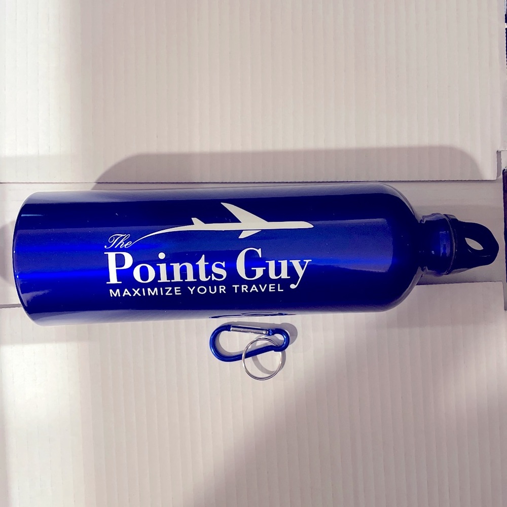 POINTS GUY BPA free blue water bottle with carabiner